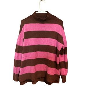 LOFT Brown and Pink Striped Cowl Neck Sweater